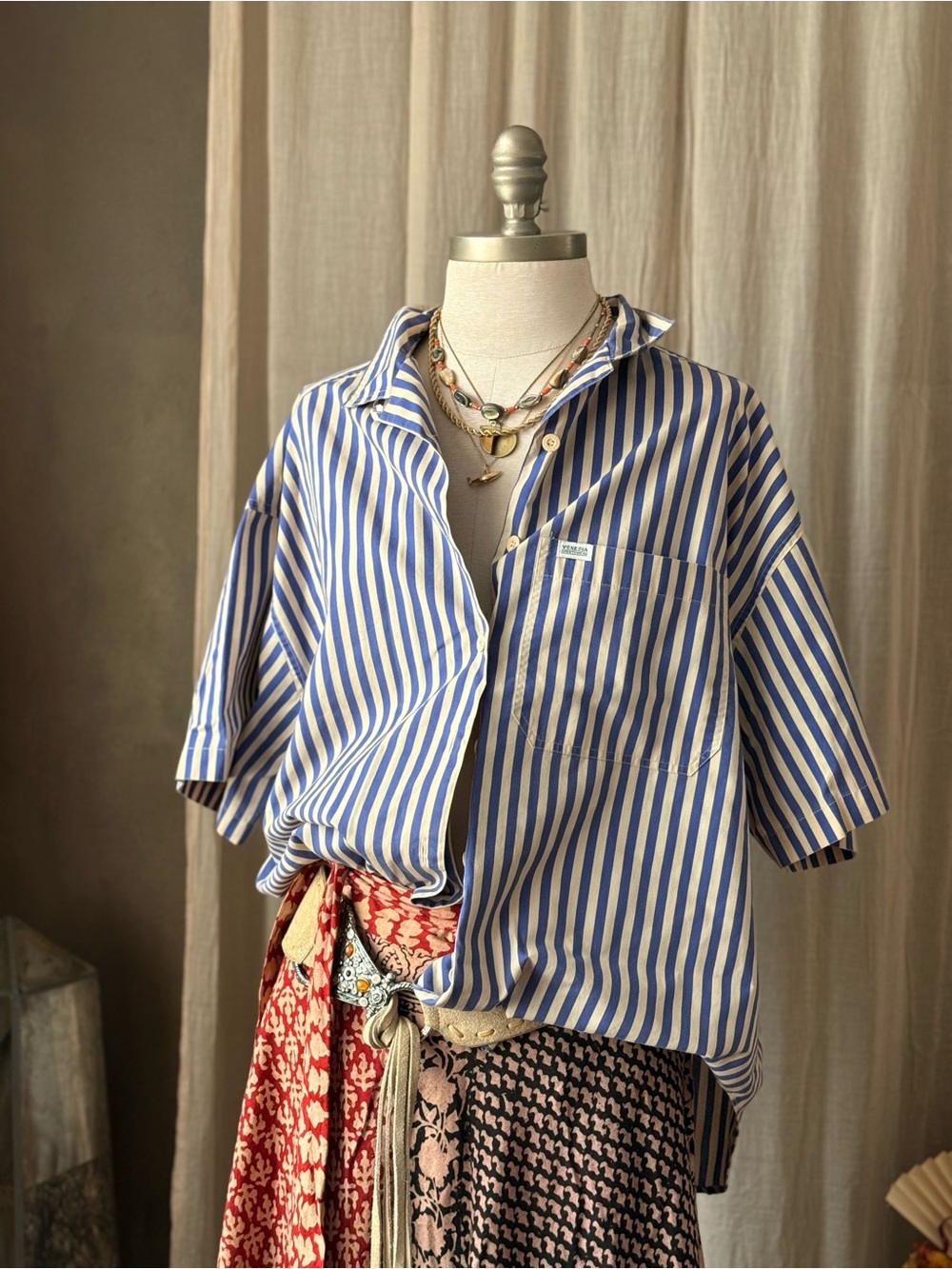 Vintage Venezia blue and white short sleeve striped button up shirt.